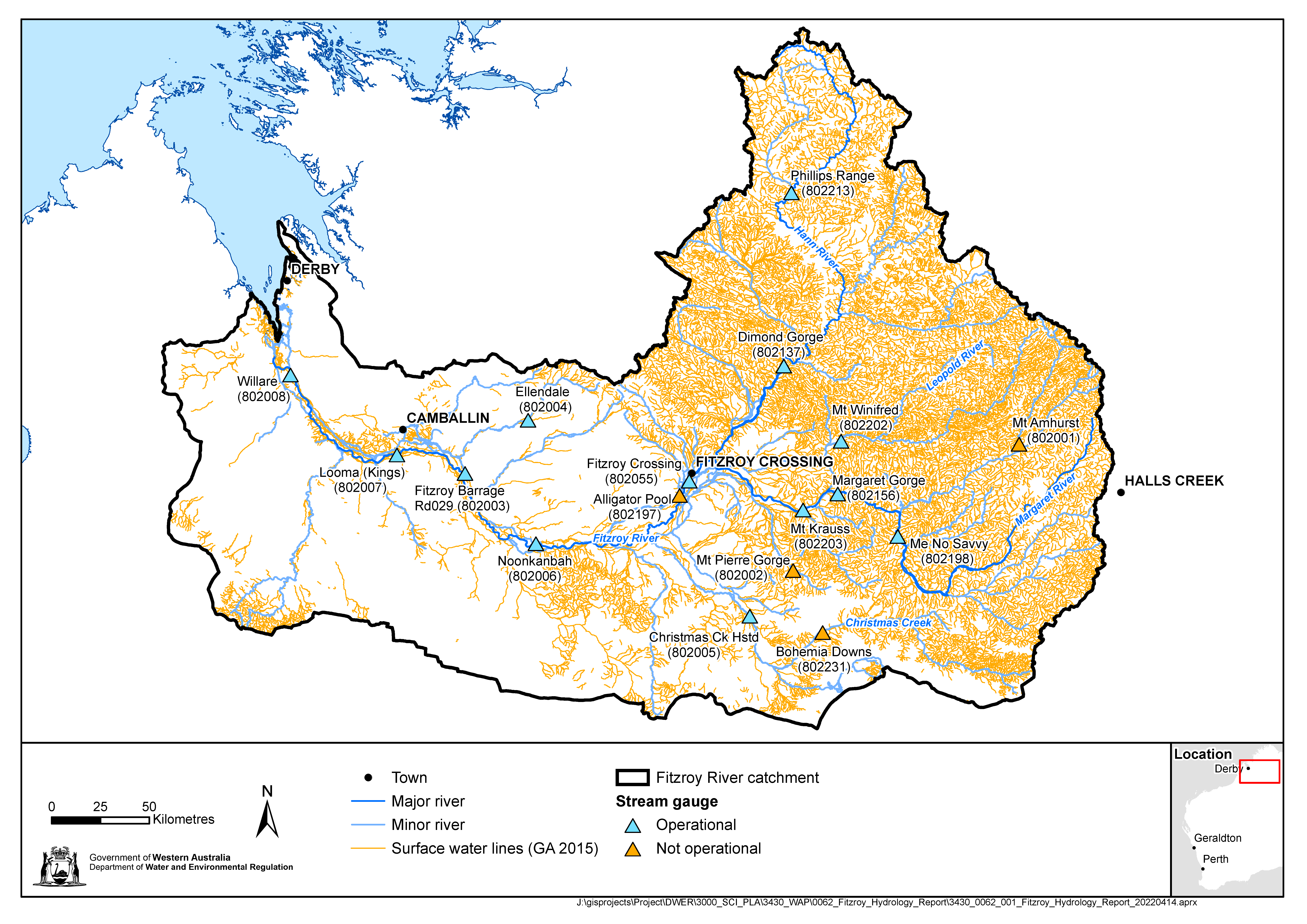 Map of stream gauges in the Fitzroy water allocation plan area