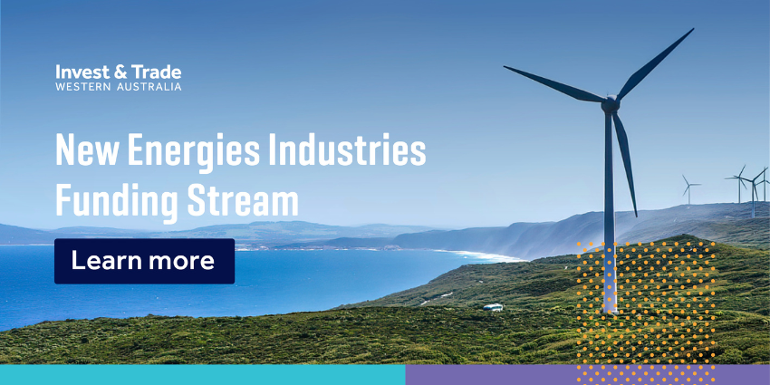 The image depicts a series of wind turbines spread across the Western Australian coastline