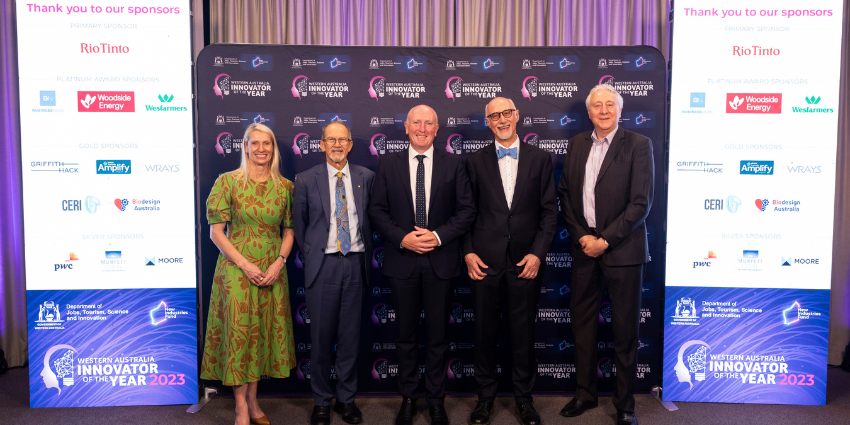 Image of Linda Dawson, Peter Klinken, Stephen Dawson and Neil Freeman at the WA Innovator of the Year 2023 awards ceremony