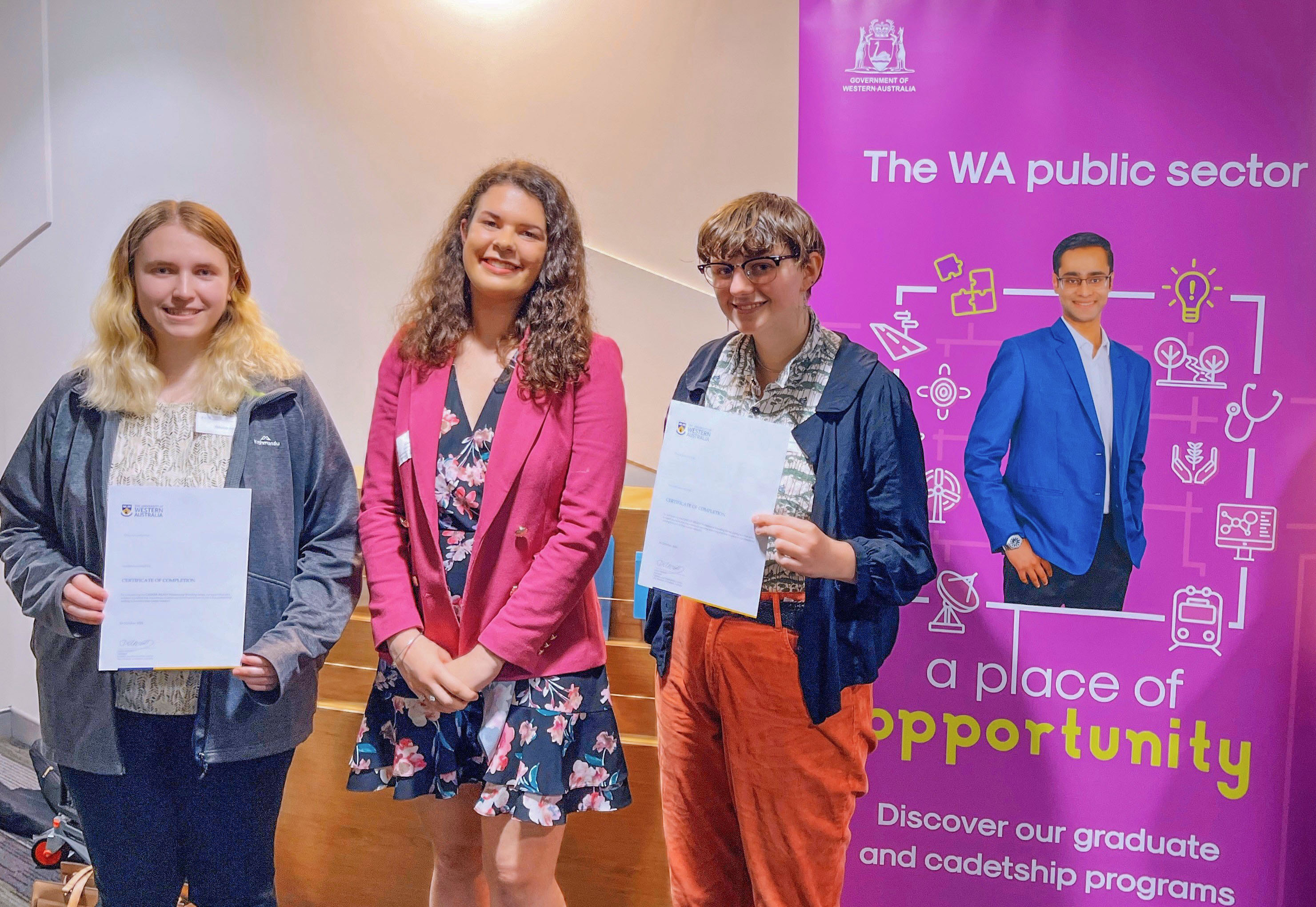 Photo of Grace with University of Western Australia students showing their certificates from participating in all of UWA’s career sessions are Rebecca and Charlotte.