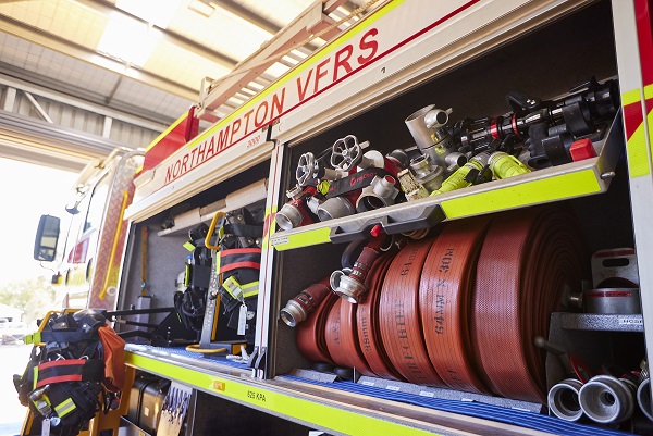 Northampton Volunteer Fire Rescue Service Fire Truck with side panel open displaying fire fighting equipment.