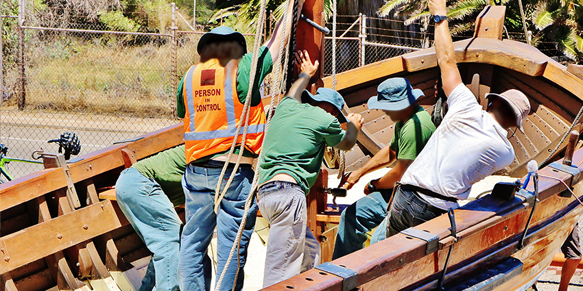 Prisoners from Greenough Regional Prison help restore the Batavia longboat.