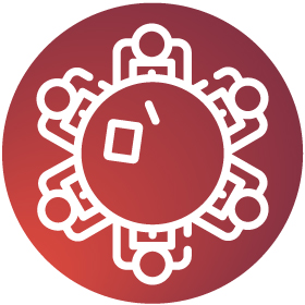 A graphic of people sitting around a table 