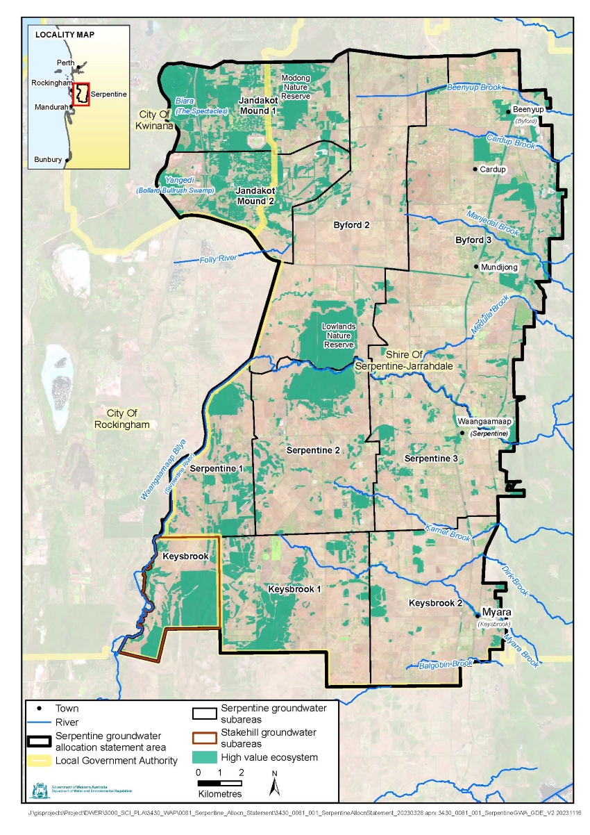 Map showing the Waangaamaap – Serpentine groundwater allocation statement area 