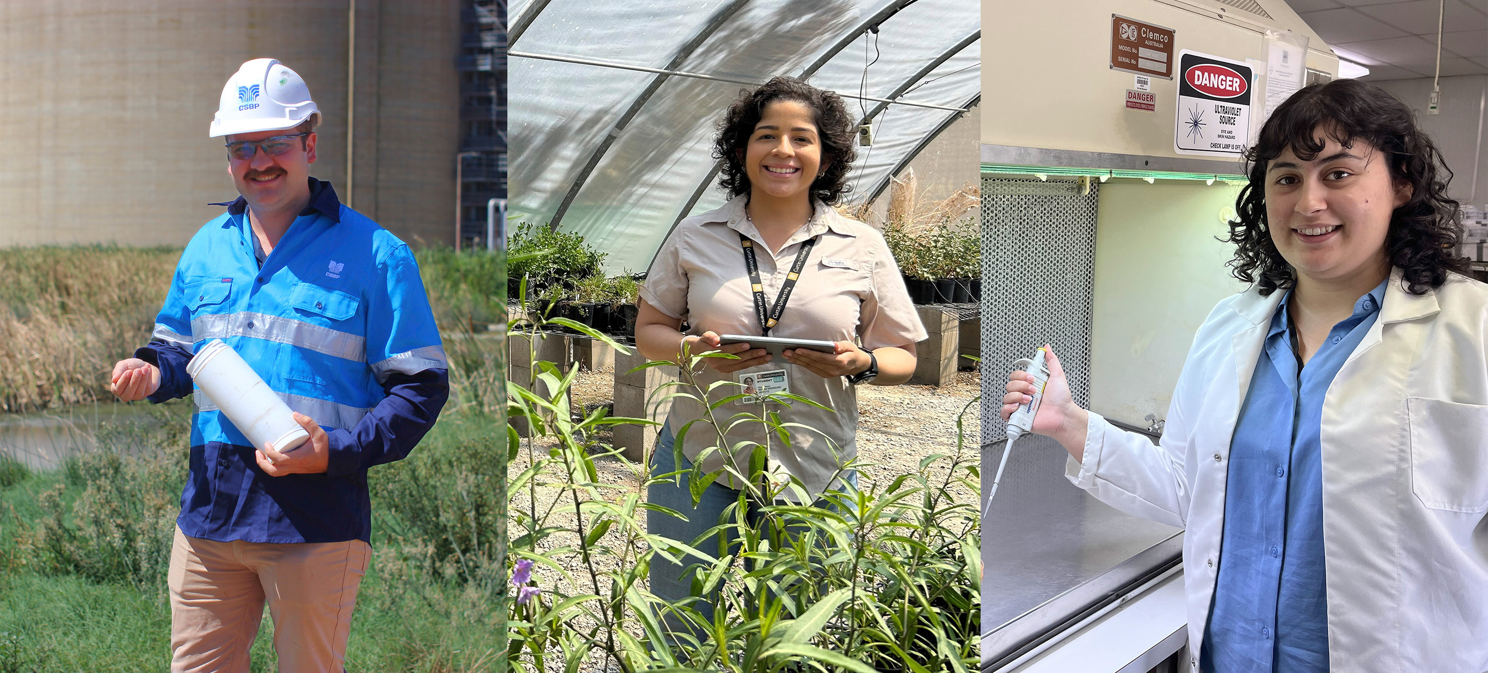 Three profile pictures of a man and two women at work.