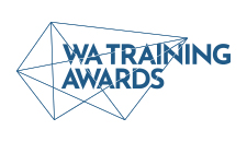 WA training Awards blue text with an angled design in the background