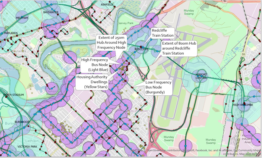 Image of a map in the Perth Metro area showing the high frequency bus routes.