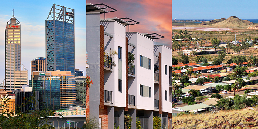 a collage of CBD buildings, apartments and regional town.
