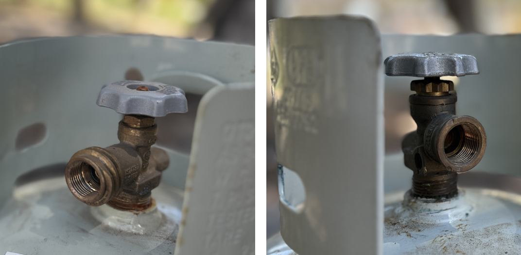 The new LCC27 gas cylinder valve (left), showing the thread both inside and outside, compared to an older Type 21 (POL) gas cylinder valve, which only has an inside thread.