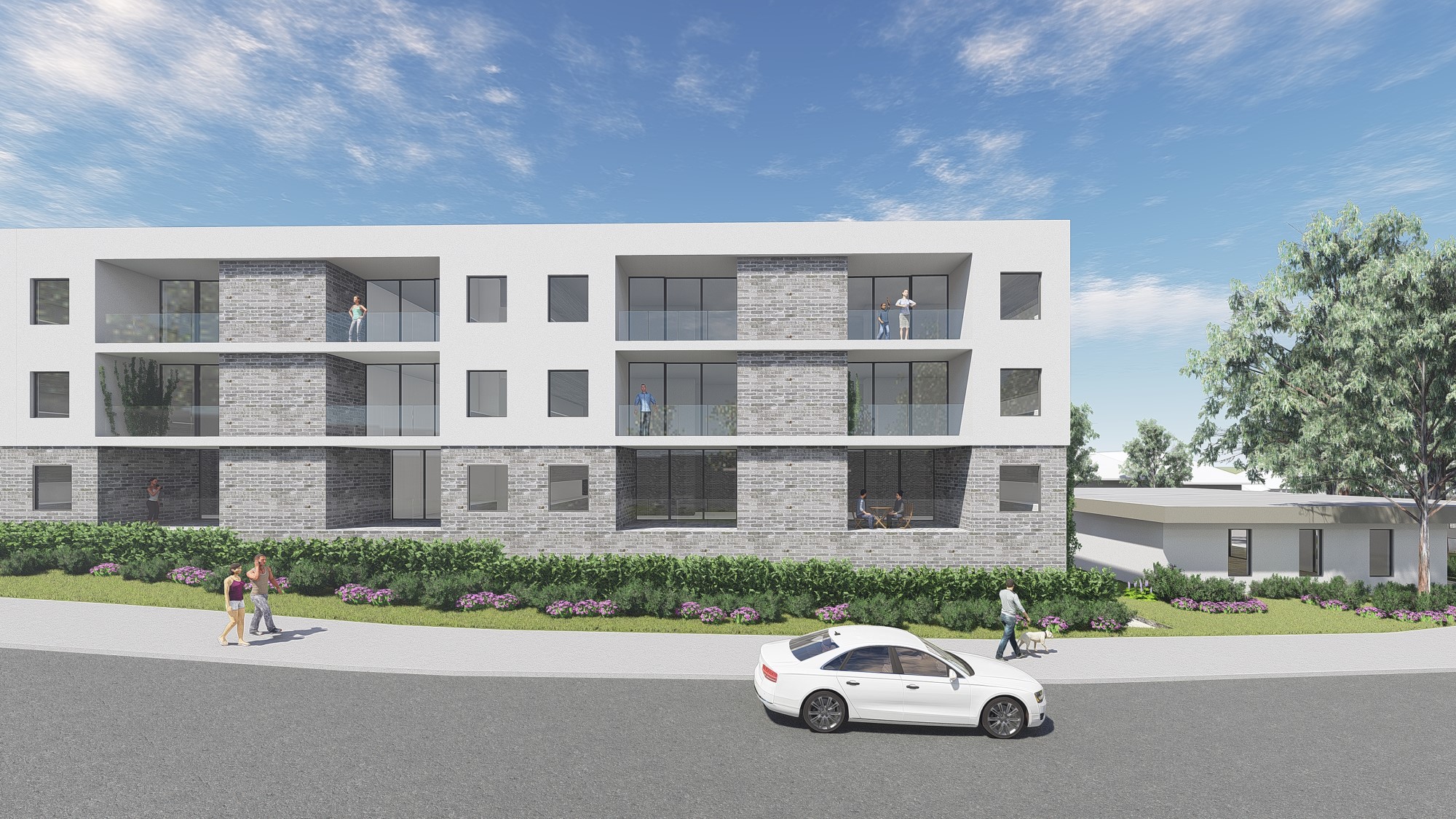 A graphical illustration of a three level apartment complex and surrounding vegetation, car out front, and residents on their balconies and walking on the street out front