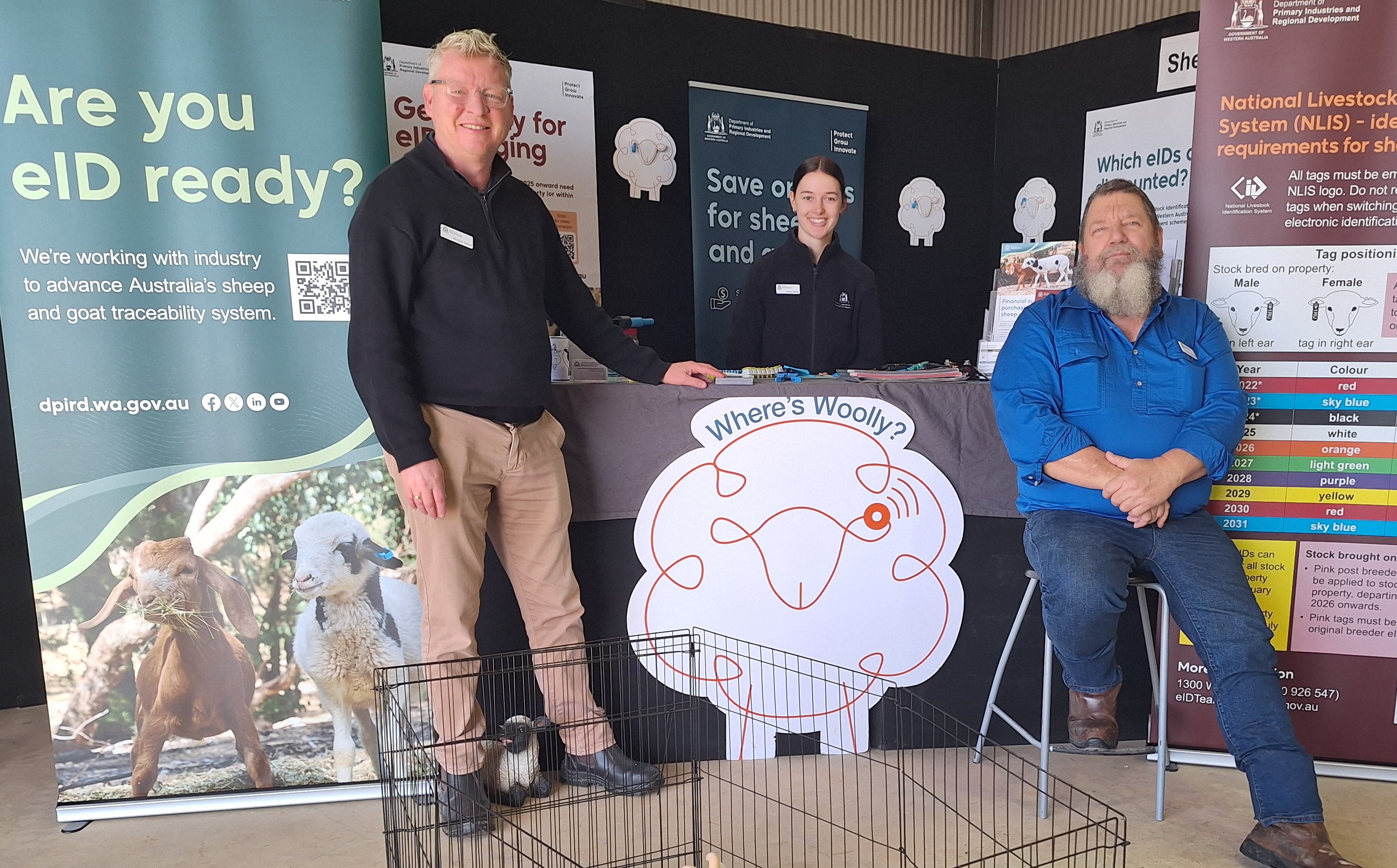 DPIRD officers will be available to discuss electronic identification (eID) in sheep and goats. Pictured are eID project manager Michael Britton, and officers Tamara Keens and Andrew Longbottom.