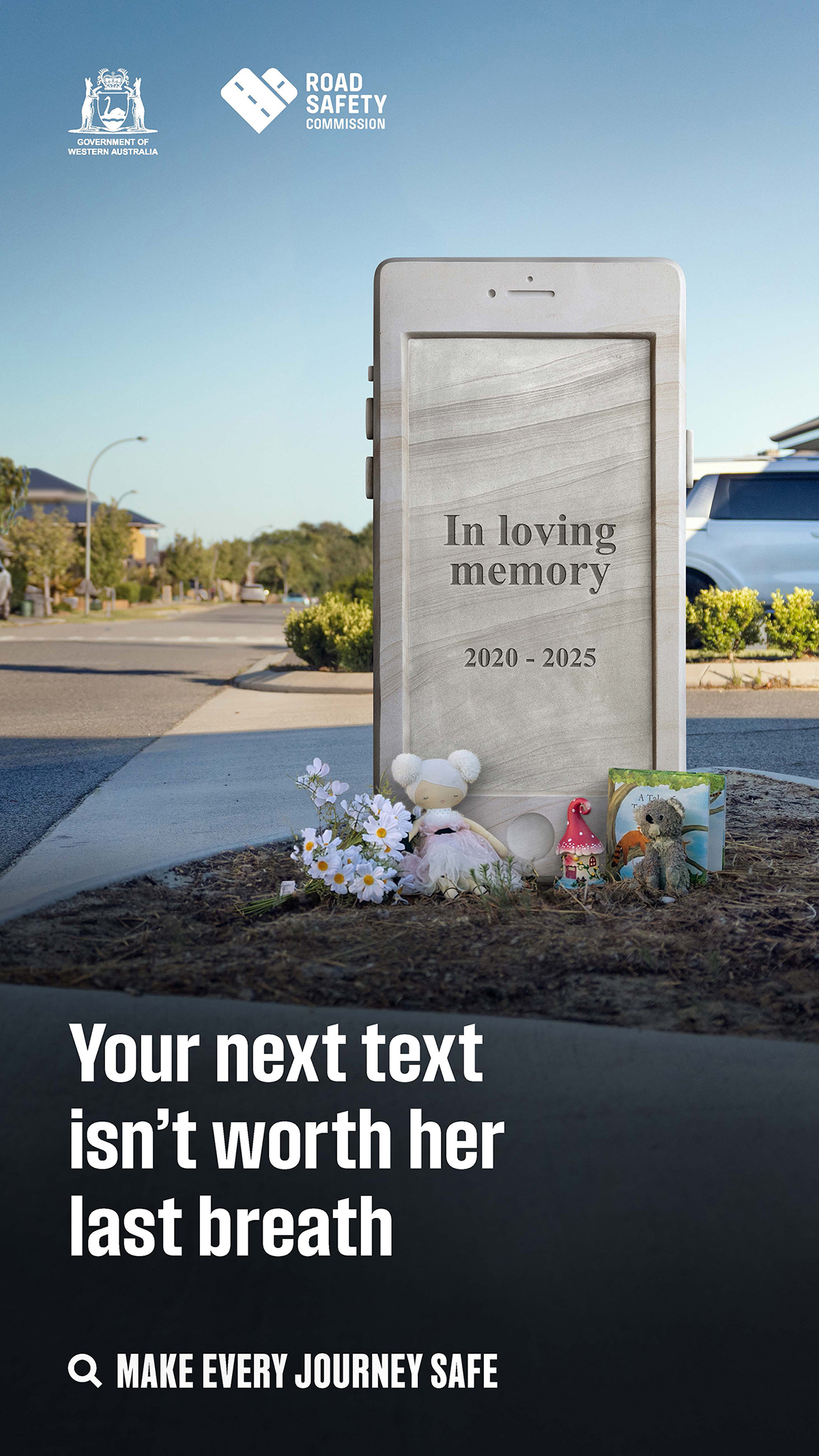 headstone phone on side of road with text, 'your next text isn't worth her last breath''