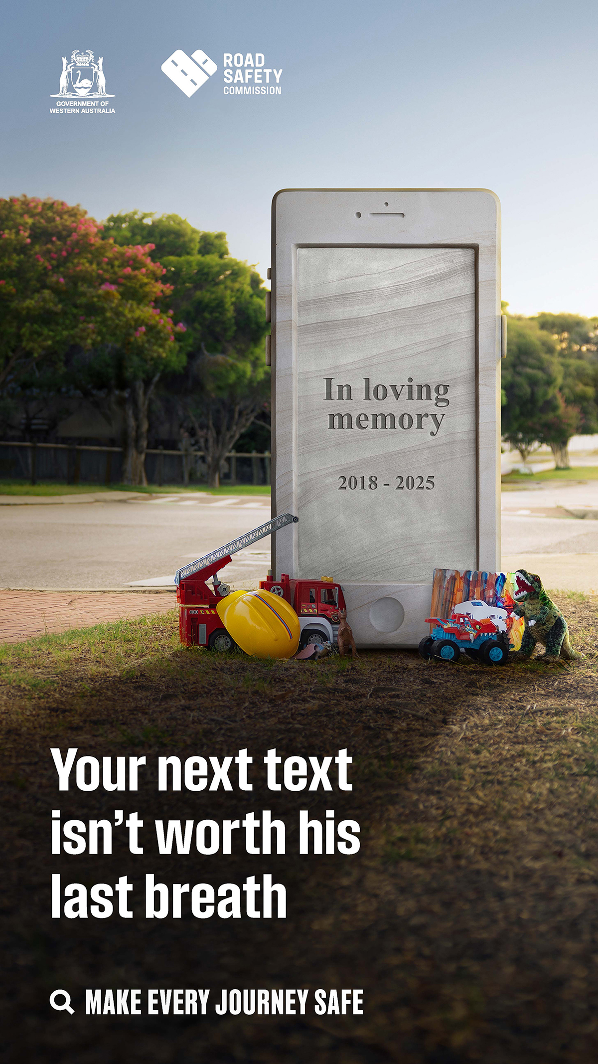 headstone phone on side of road with text, 'your next text isn't worth his last breath'