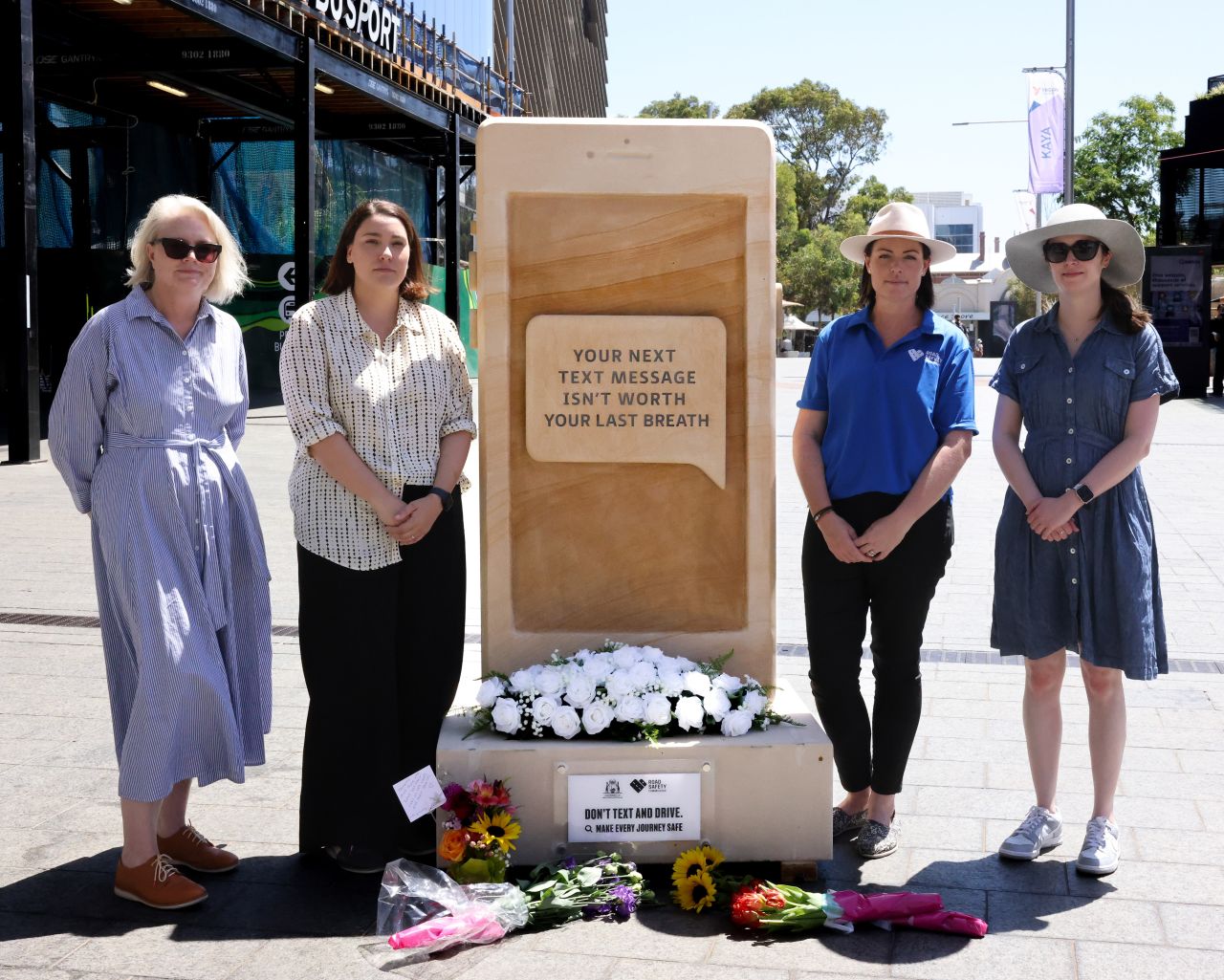 The Road Safety Commission’s Rebecca Hamilton, Stacey Coppack, Joanna Hynes and Kirsten Brent at the launch of the Headstone Phone campaign in Yagan Square.