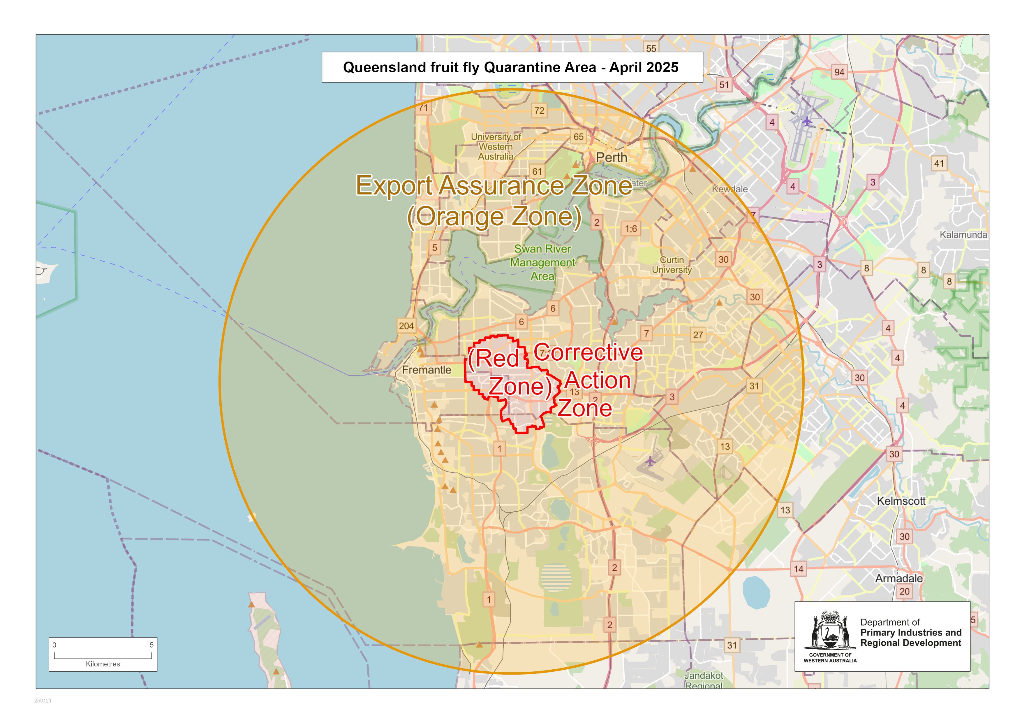 A map showing the Qfly Quarantine Area Red and Orange Zones.
