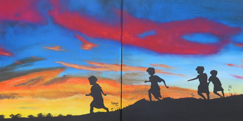 Children running downhill against a sunset sky