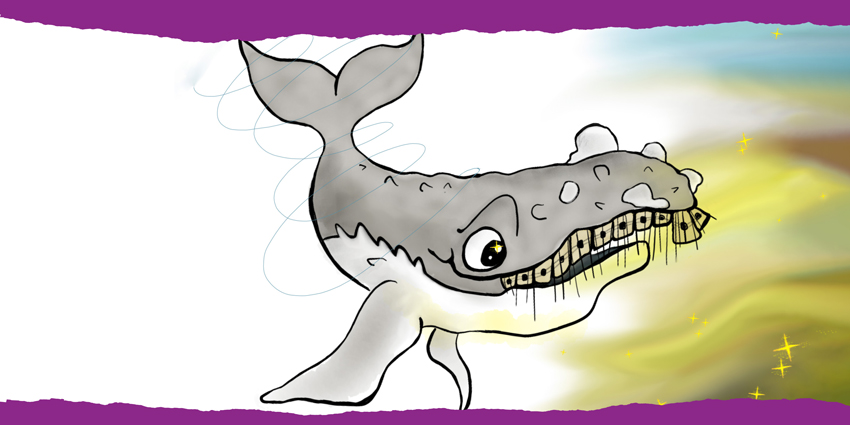 Colourful hand-drawn illustration of Wonky the Whale