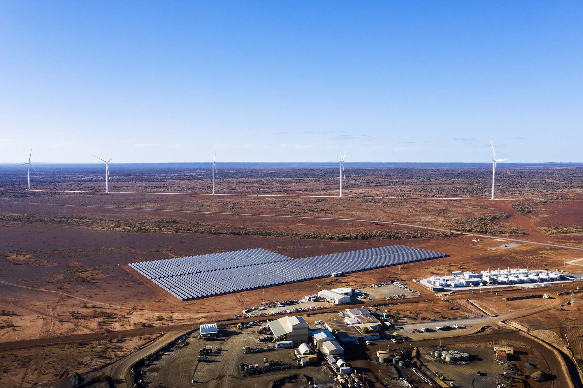 Aerial shot of Agnew mining site with renewables and large solar panels.