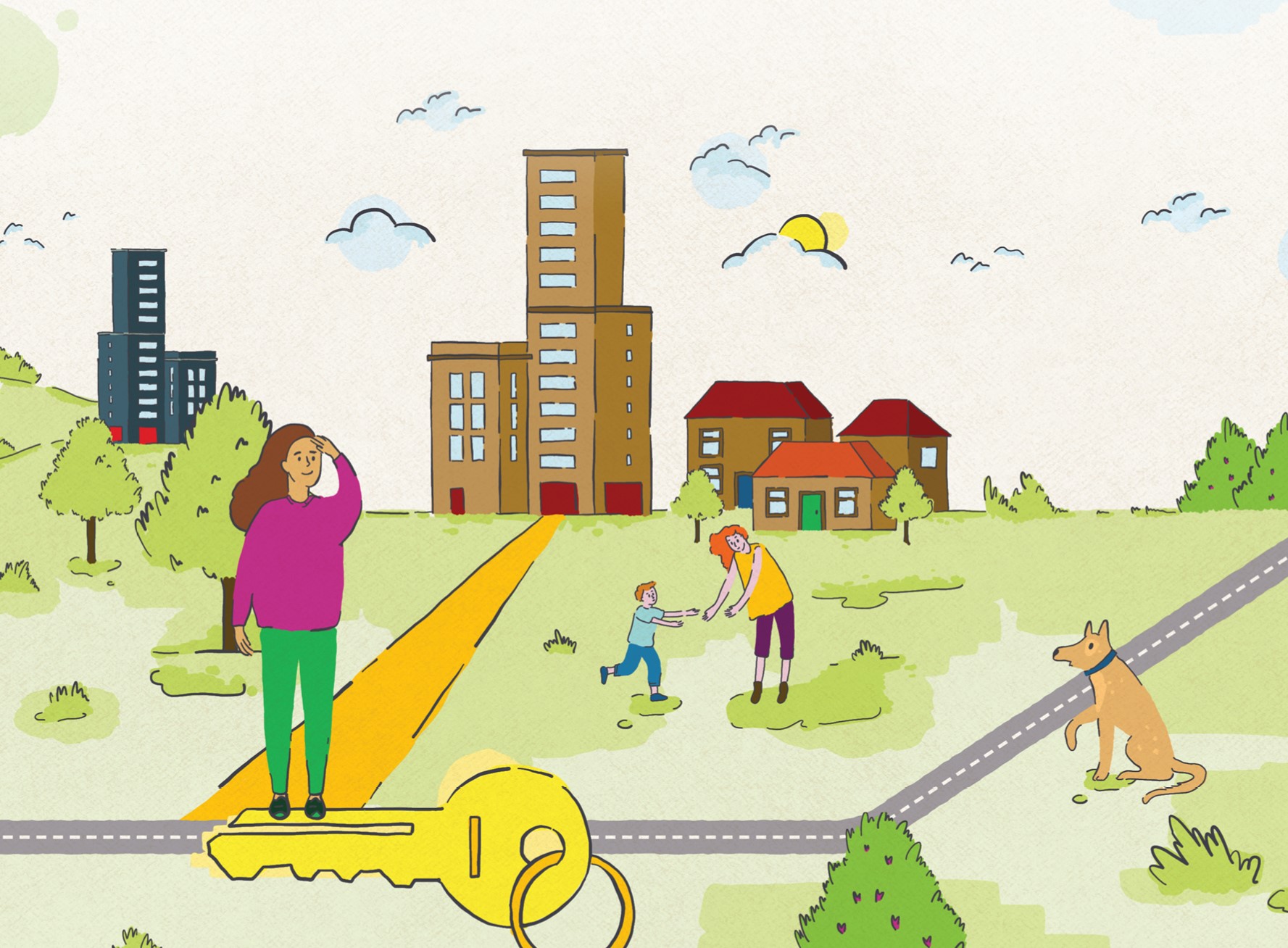 colourful graphical image showing adults and children playing out the front of homes