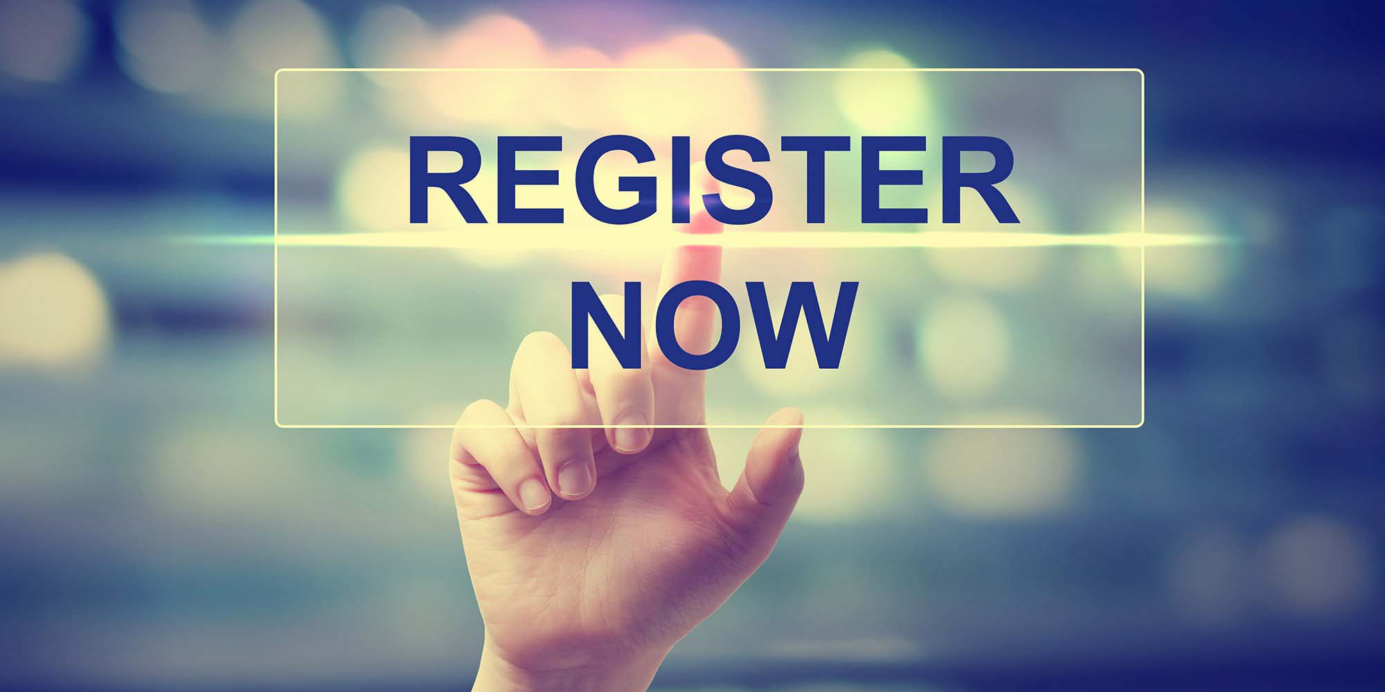 Graphic which reads register now with hand pointing on screen