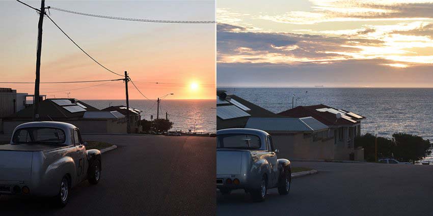 Underground Power before and after shot. Electricity poles have been removed from a street that slops toward the ocean. The sun sets on the horizon, spilling its last rays into the vast ocean. Roofs dotted with solar panels.