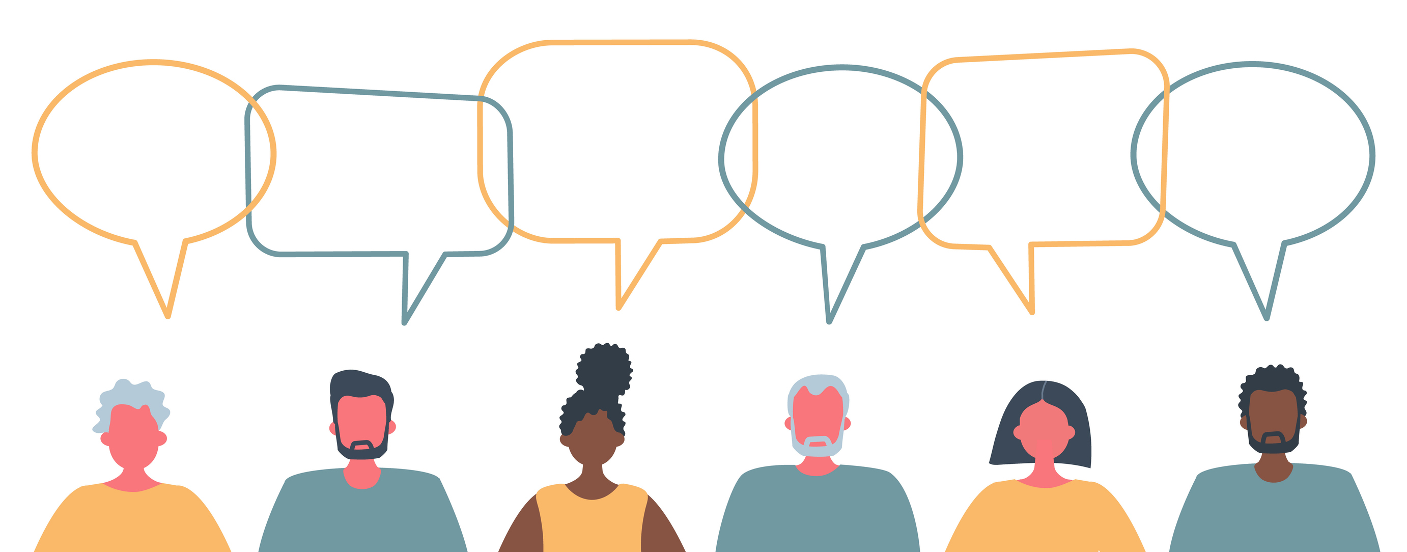graphical image of six adults of different backgrounds with speech bubbles above each of them