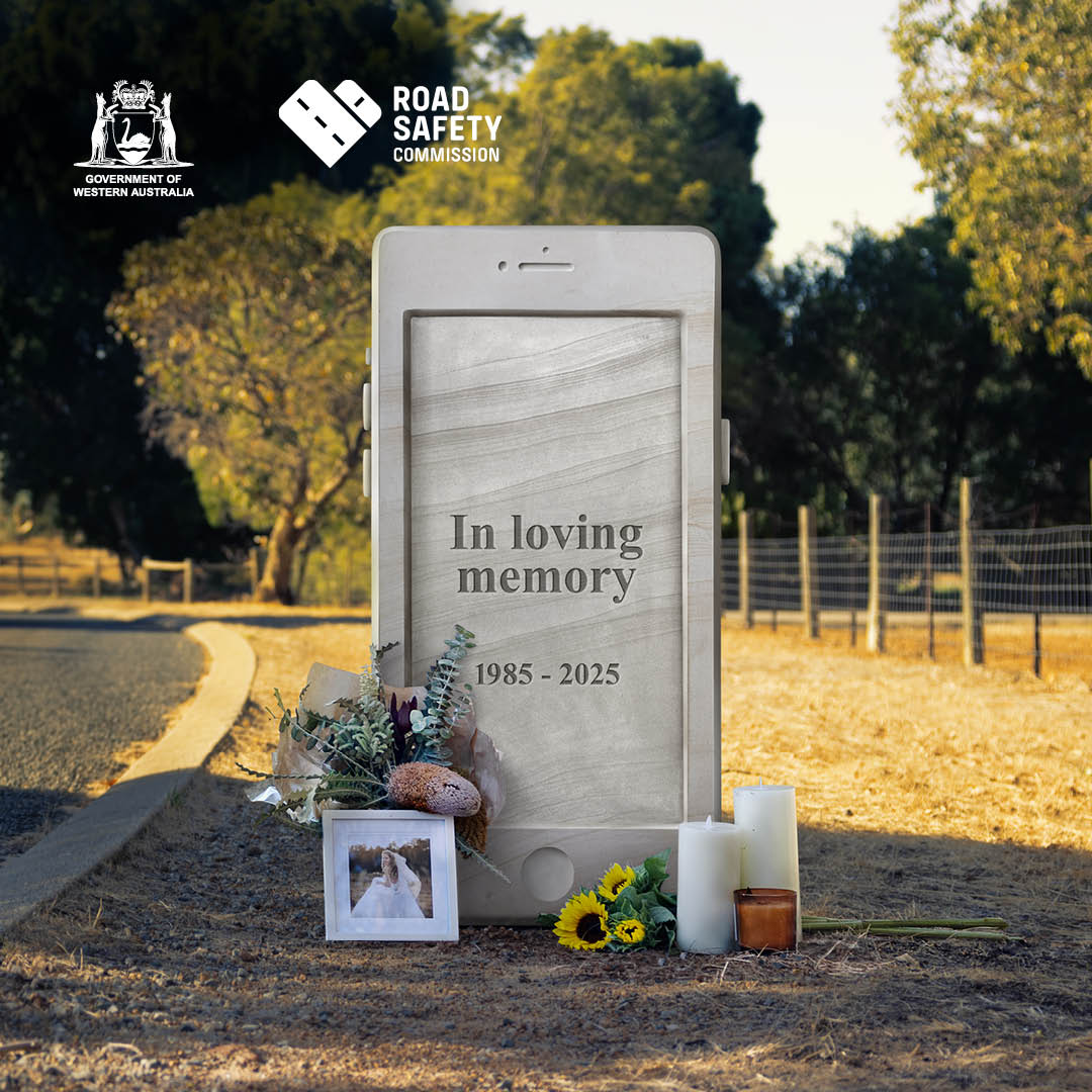 Headstone phone with text 'in loving memory 1985 - 2025'.