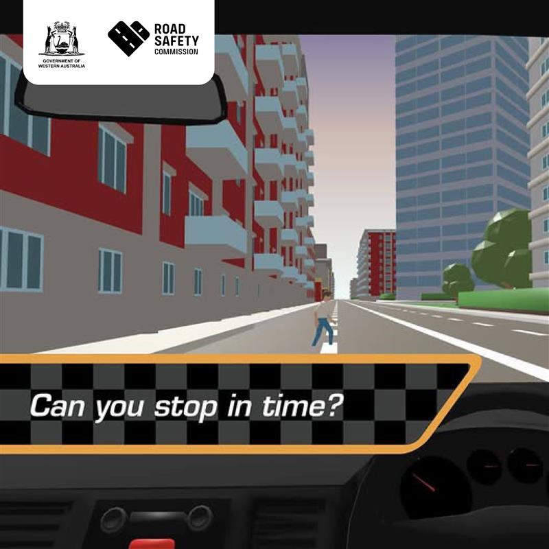 Image of driving game with text 'Can you stop in time?'.