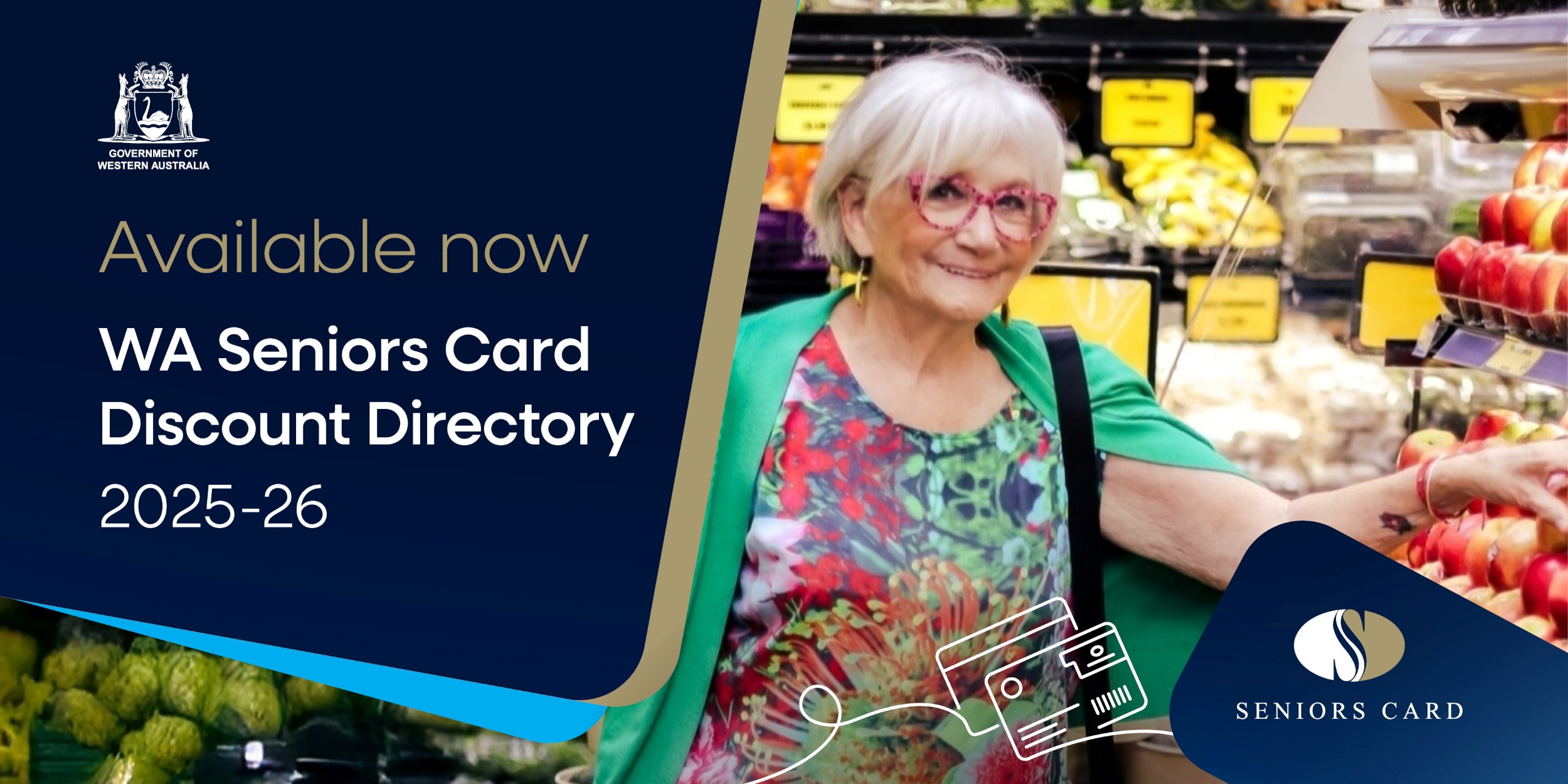 image of an older lady in a supermarket with the words 'Available now, WA Seniors Card Discount Directory 2025-26'