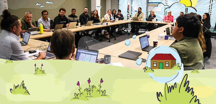 Colourful graphic with the image of a garden and house, and an overlay of a group of people in a meeting