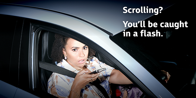 Text: 'Caught in a Flash' safety camera campaign