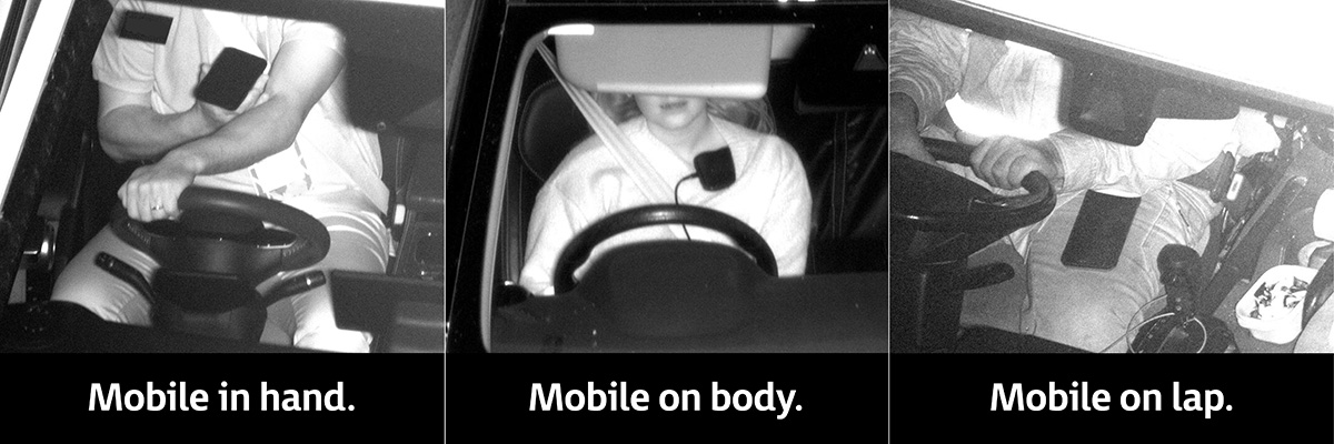 Three different drivers with mobile phones on their body, demonstrating an offence.