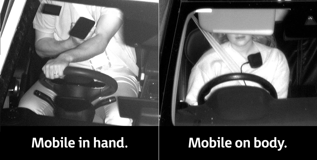 Examples of mobile phone offences caught by safety cameras. Mobile in hand. Mobile on body.