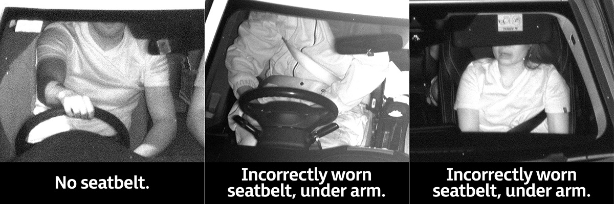 Three different drivers wearing their seatbelt incorrectly or not at all, demonstrating an offence.