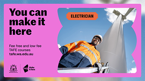 words you can make it here written with male electrician facing the camera