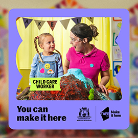 female child care worker with child with words you can make it here underneath