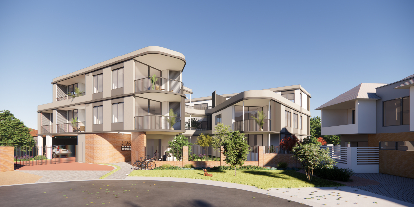 An architectural render of the Warwick development showing a modern three-storey apartment building