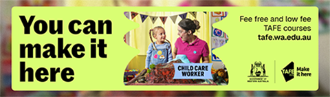 female child care worker and child with you can make it here written on the left