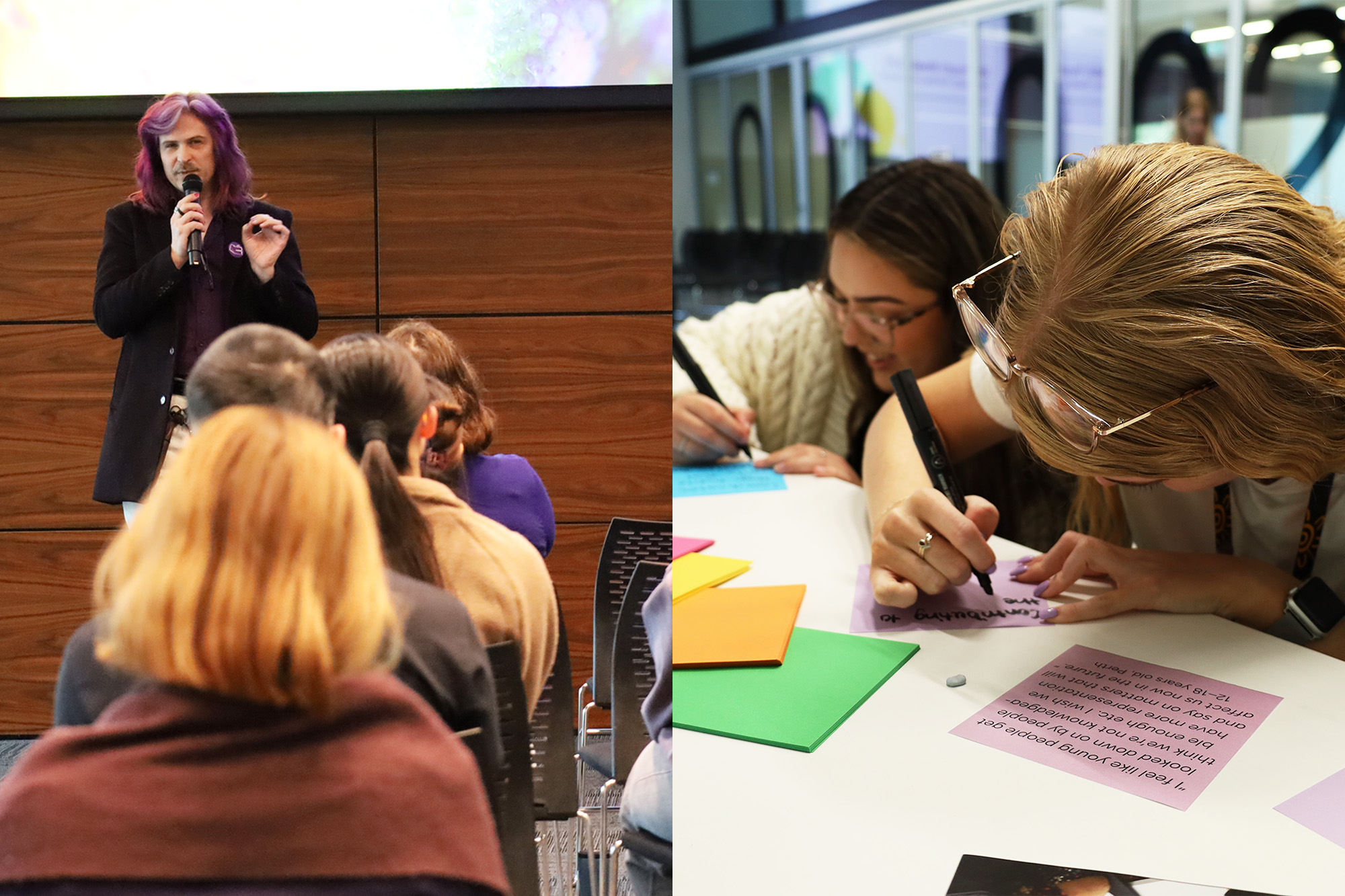 two photos with one photo with a person presenting and the other with two people writing notes