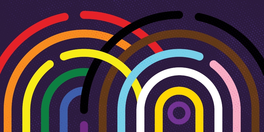 Colourful graphic featuring overlapping arches of various colours and a purple background