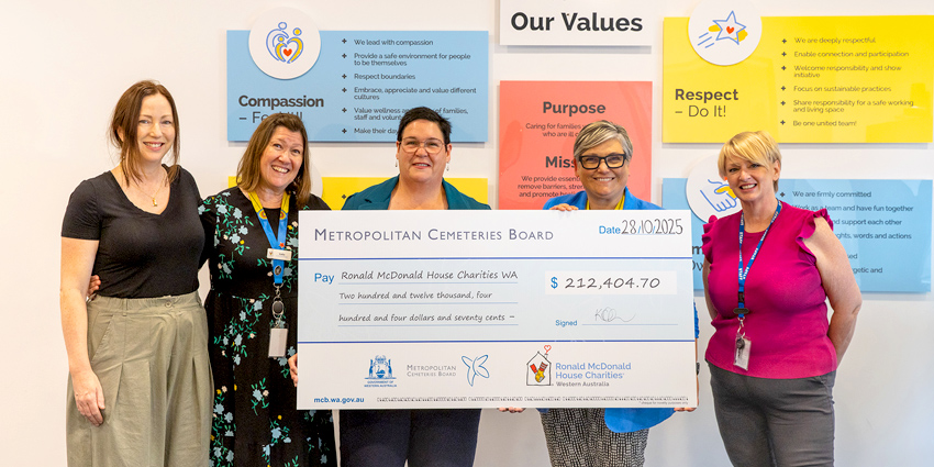 MCB and Ronald McDonald House staff stand around a giant donation cheque in front of a brightly coloured wall