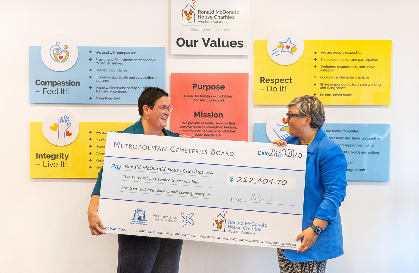 Two women stand with a giant cheque in front of a brightly coloured wall