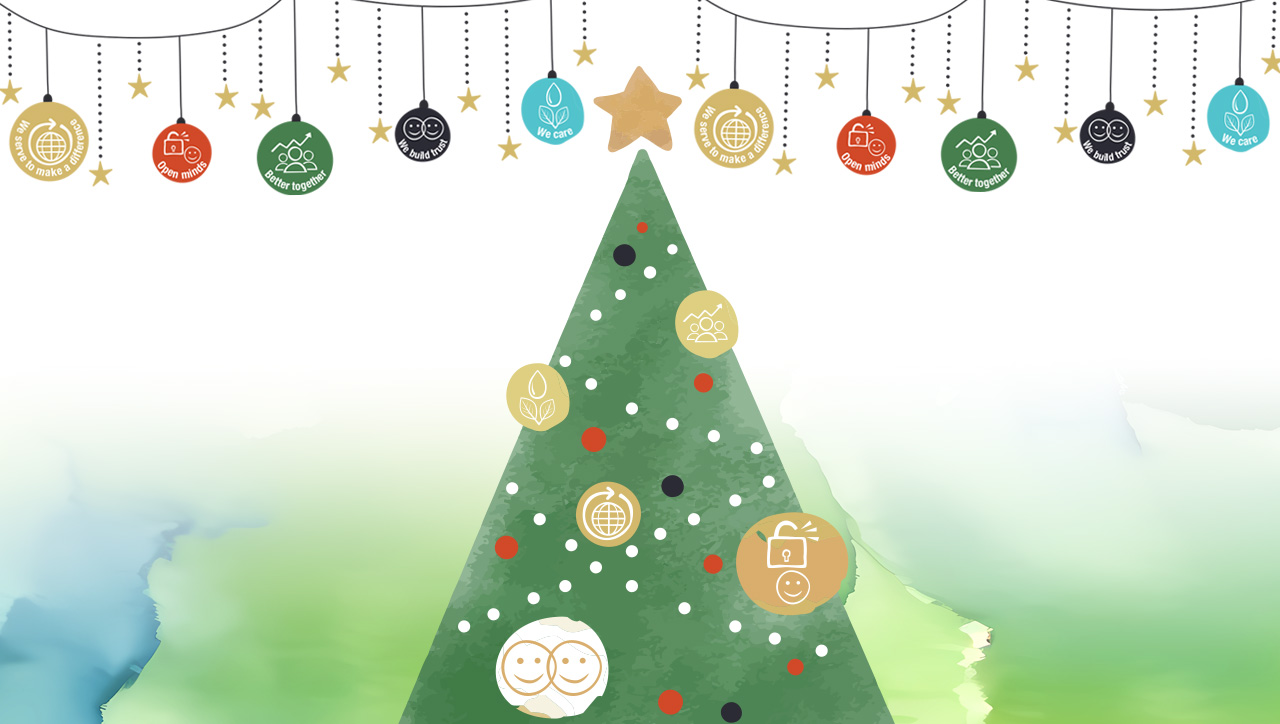 A watercolour picture of a Christmas tree with baubles and lights