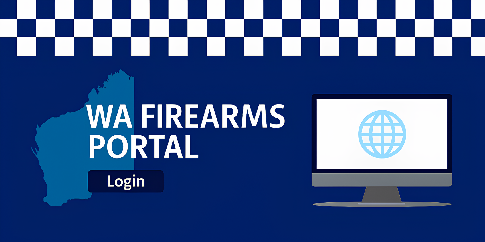 Blue WA State Outline behind text saying "WA Firearms Portal Login" next to an image of a computer screen.