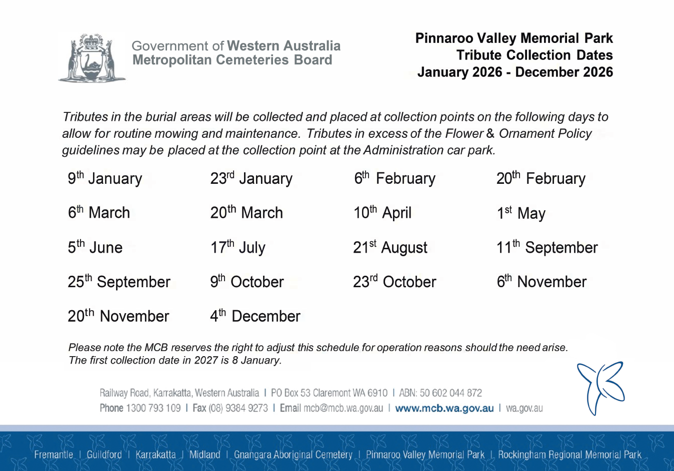 Pinnaroo Valley Memorial Park Tribute Collection Dates 2026