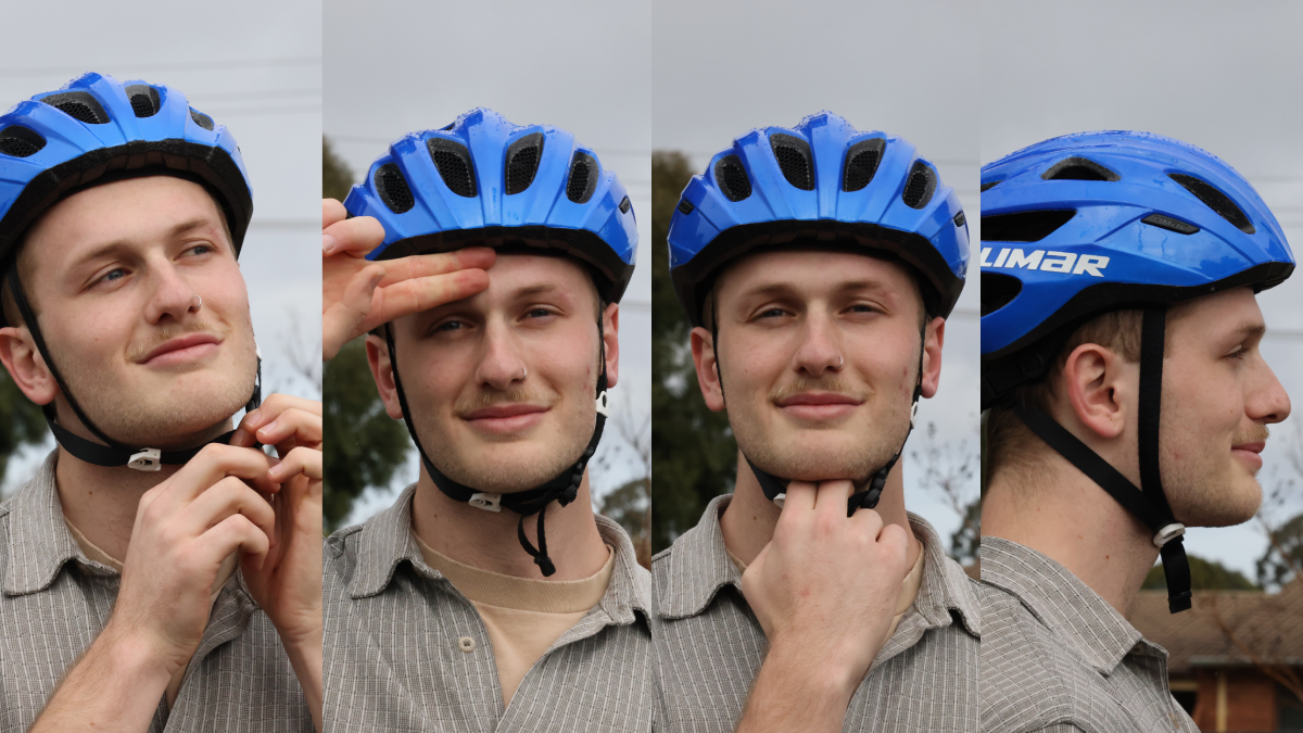 A young men wearing a helmet in four frames showing what to check to ensure the fit is correct