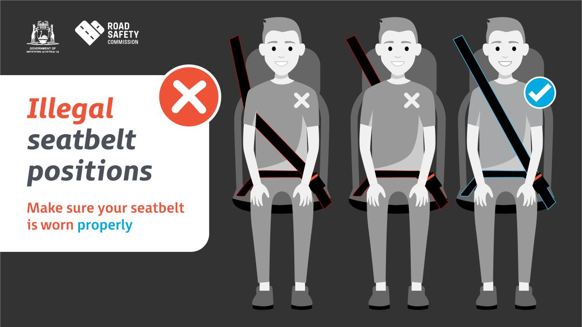 Two examples of illegal seatbelt usage (under arm and behind back), one correct example