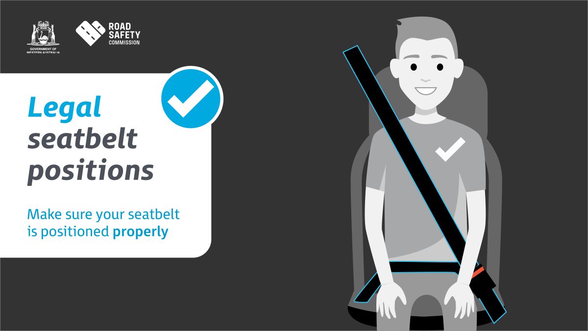 An example of a correctly worn seatbelt with the chest sash across the chest and the belt securely over the hips