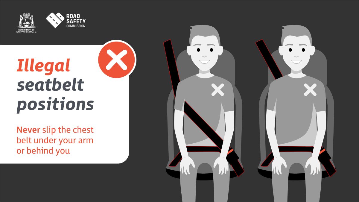 Two examples of illegal seatbelt usage, one under arm, one behind back