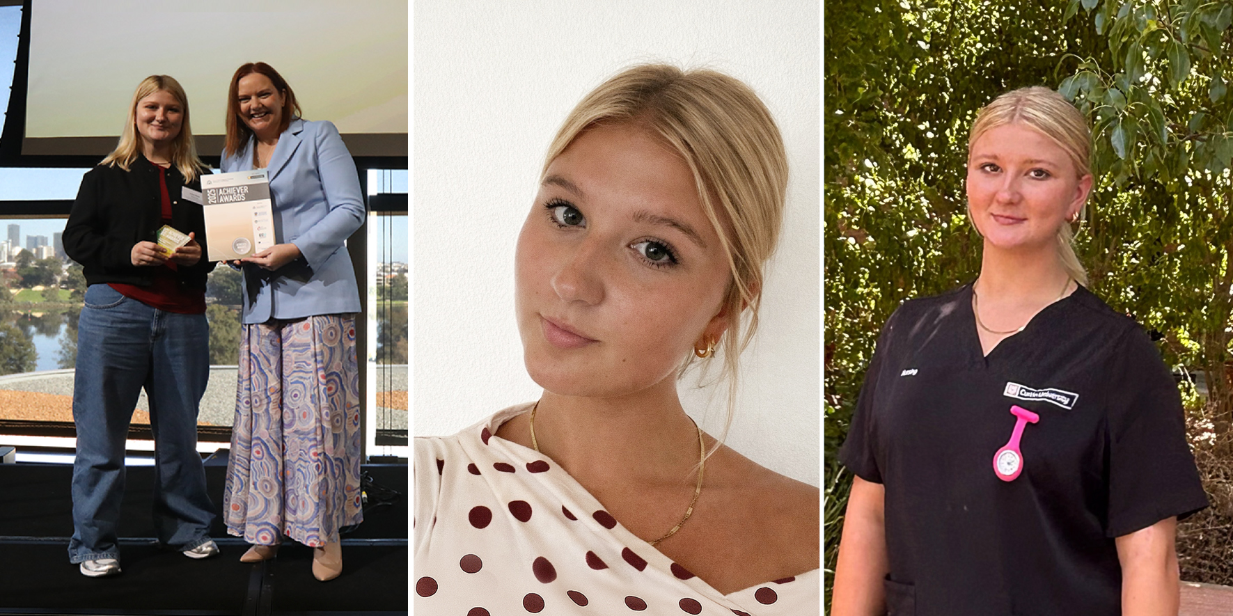 a collage of three photographs, featuring a young woman in two of the photographs, and her and a WA Government minister (presenting her with an award) in the other photograph